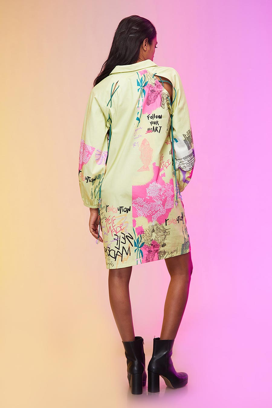 Lime Green Abstract Print Short Shirt Dress