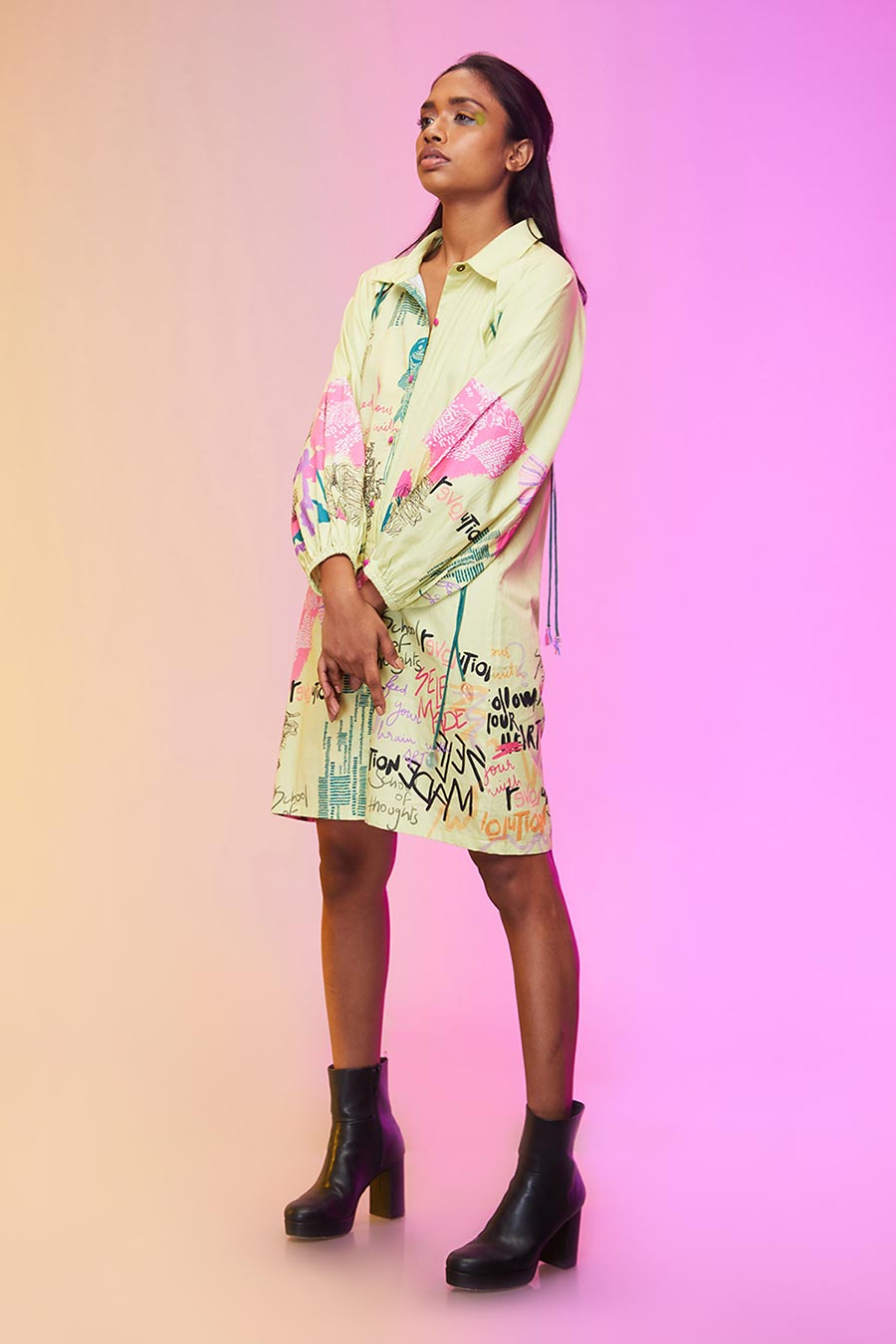 Yellow Abstract Print Short Shirt Dress