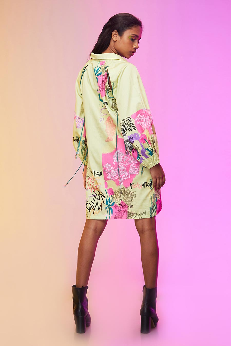 Lime Green Abstract Print Short Shirt Dress