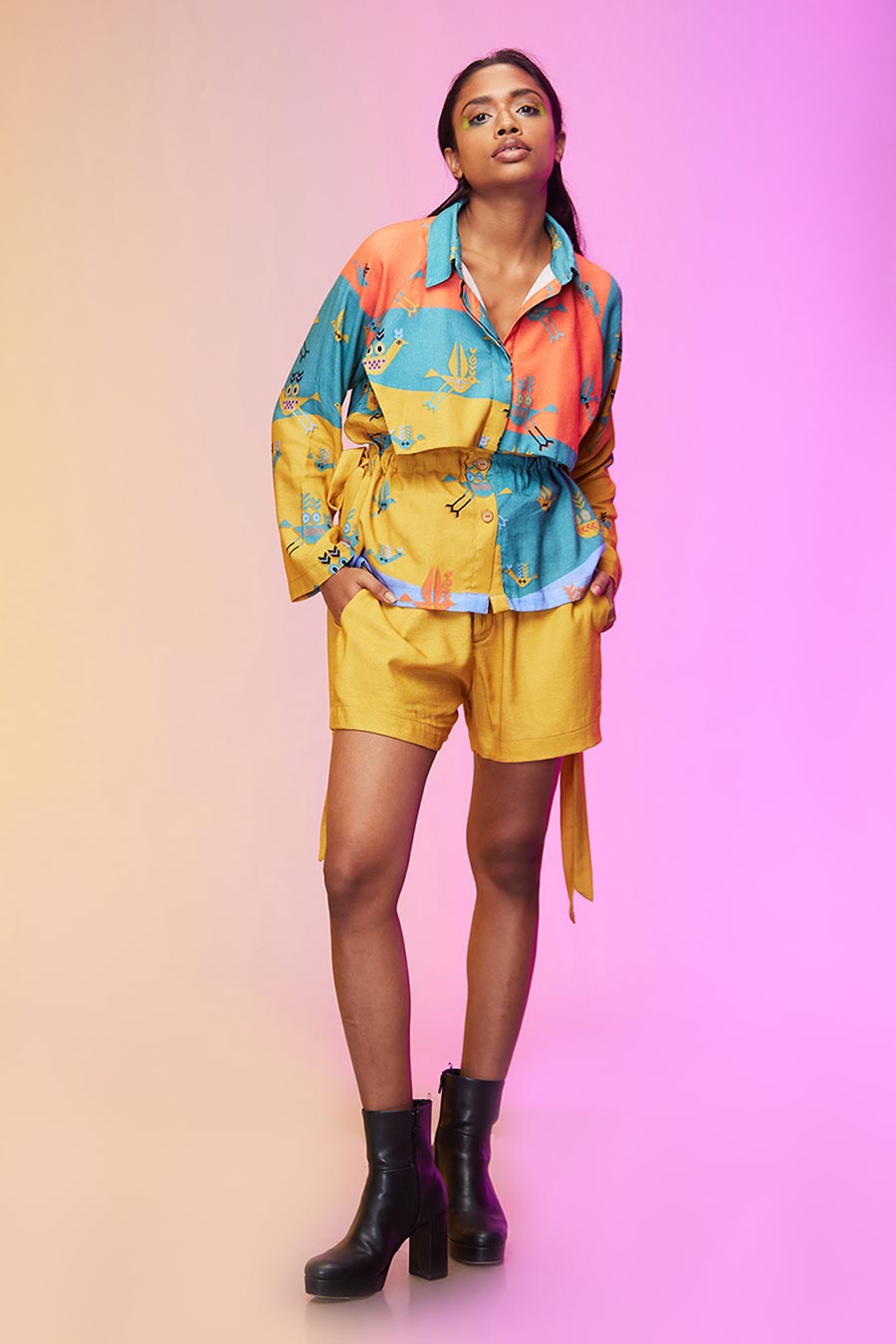 Yellow Abstract Print Shirt & Shorts Set