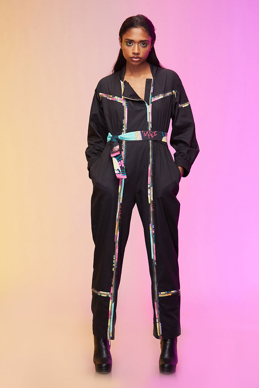 Black Jumpsuit With Printed Stripes