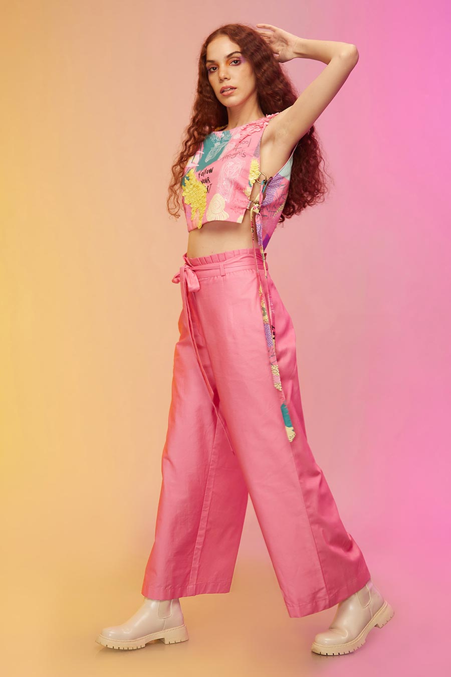 Pink Abstract Print Crop Top & Pant Co-ord Set
