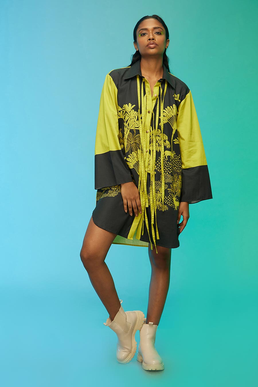 Green Tropical Print Short Shirt Dress