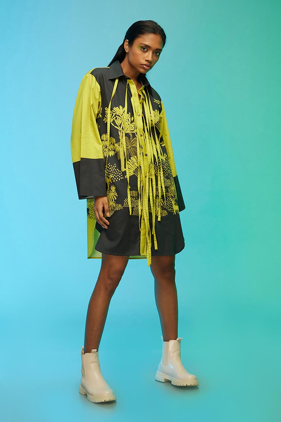 Green Tropical Print Short Shirt Dress