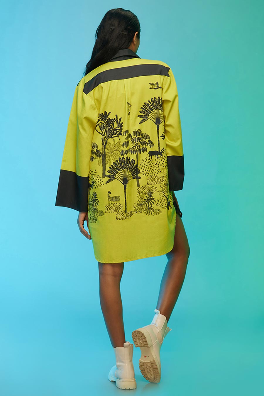 Green Tropical Print Short Shirt Dress