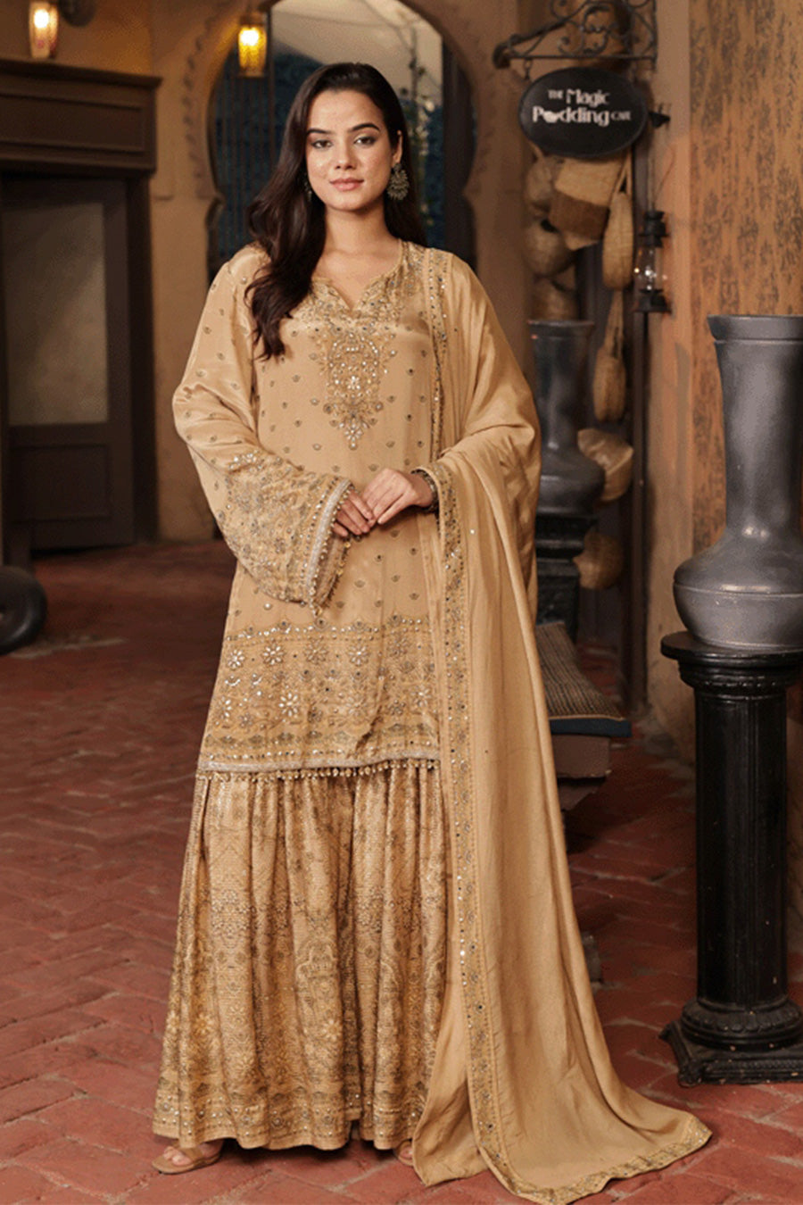 Golden Embellished Sharara Set with Dupatta