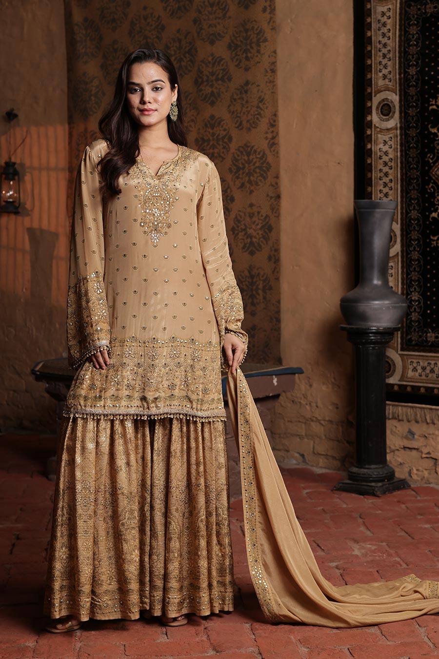 Golden Embellished Sharara Set with Dupatta