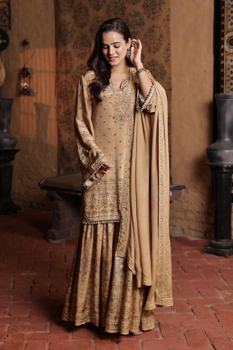 Golden Embellished Sharara Set with Dupatta