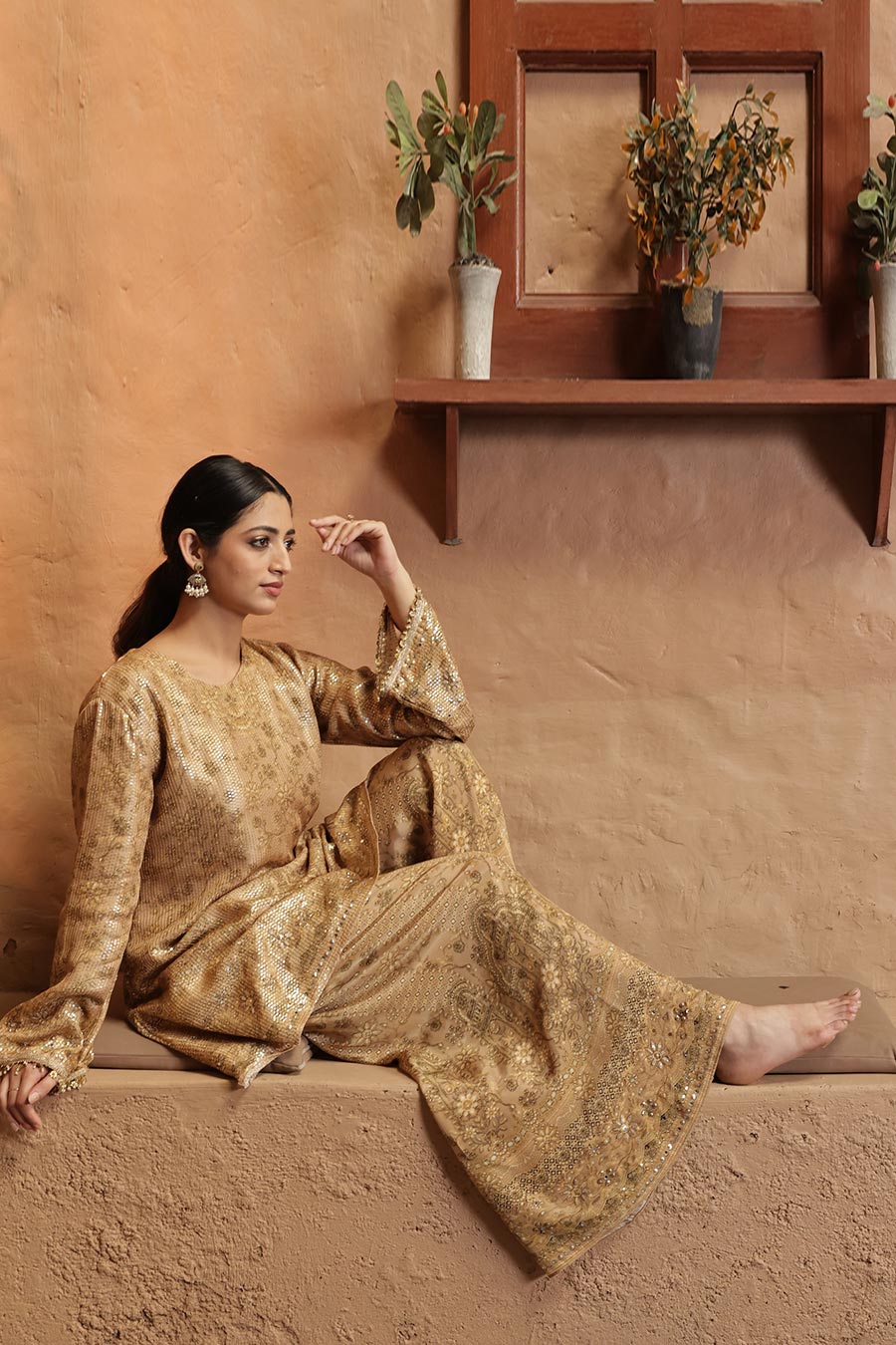 Golden Embellished Kurta & Palazzo Set