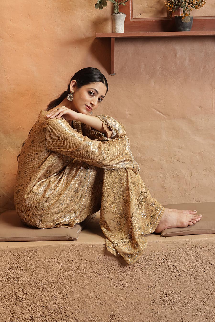 Golden Embellished Kurta & Palazzo Set