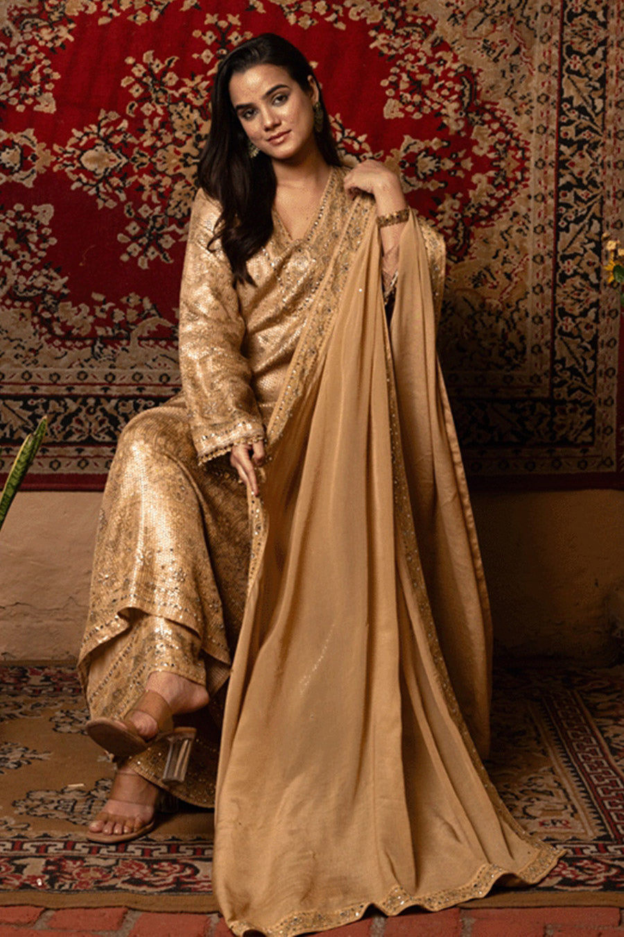 Golden Embellished Kurta Set with Dupatta