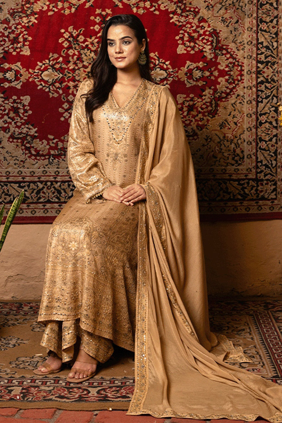 Golden Embellished Kurta Set with Dupatta