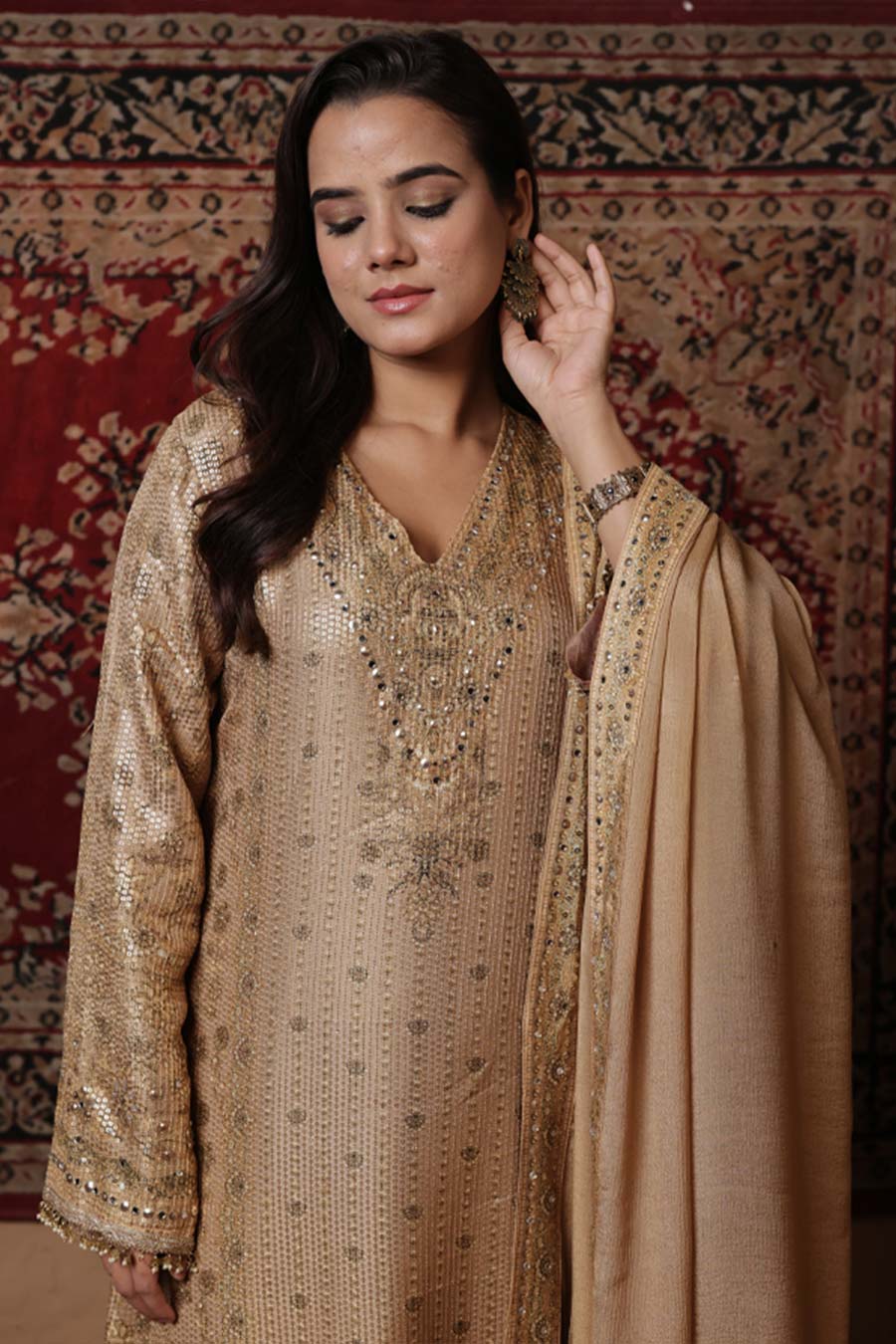 Golden Embellished Kurta Set with Dupatta