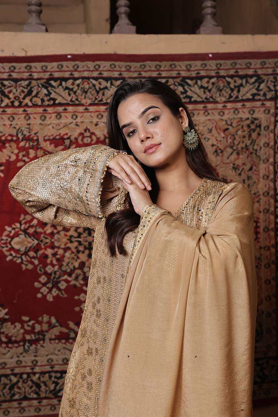 Golden Embellished Kurta Set with Dupatta