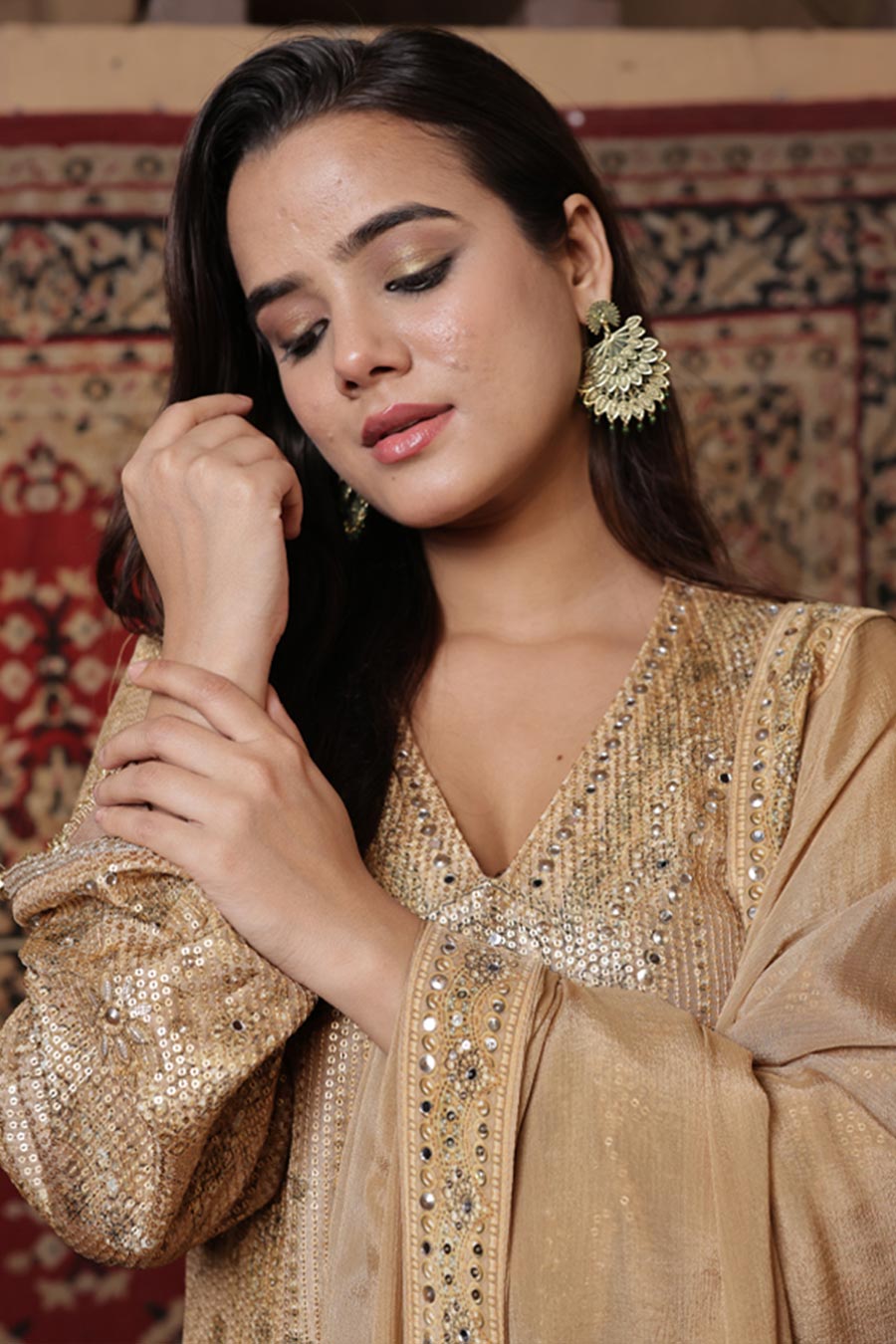 Golden Embellished Kurta Set with Dupatta
