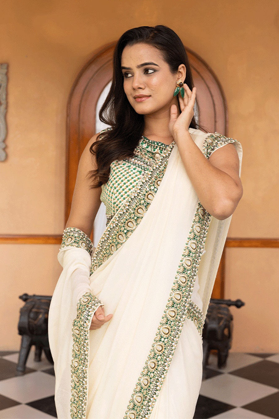Ivory Printed Pre-Draped Saree & Blouse Set