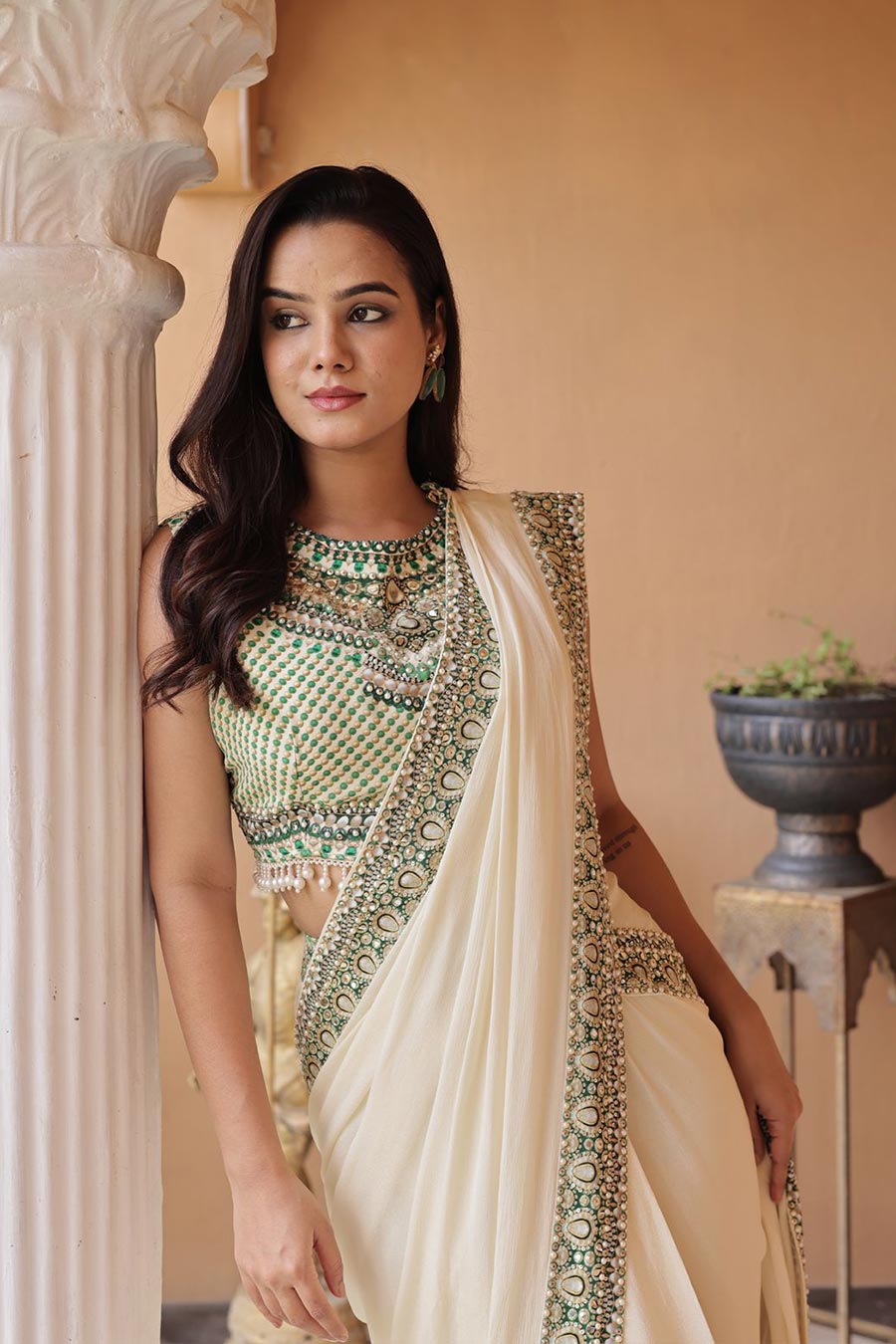 Ivory Printed Pre-Draped Saree & Blouse Set