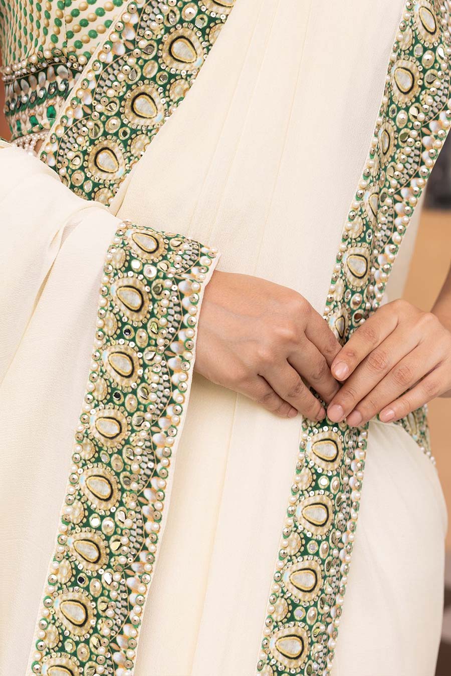 Ivory Printed Pre-Draped Saree & Blouse Set