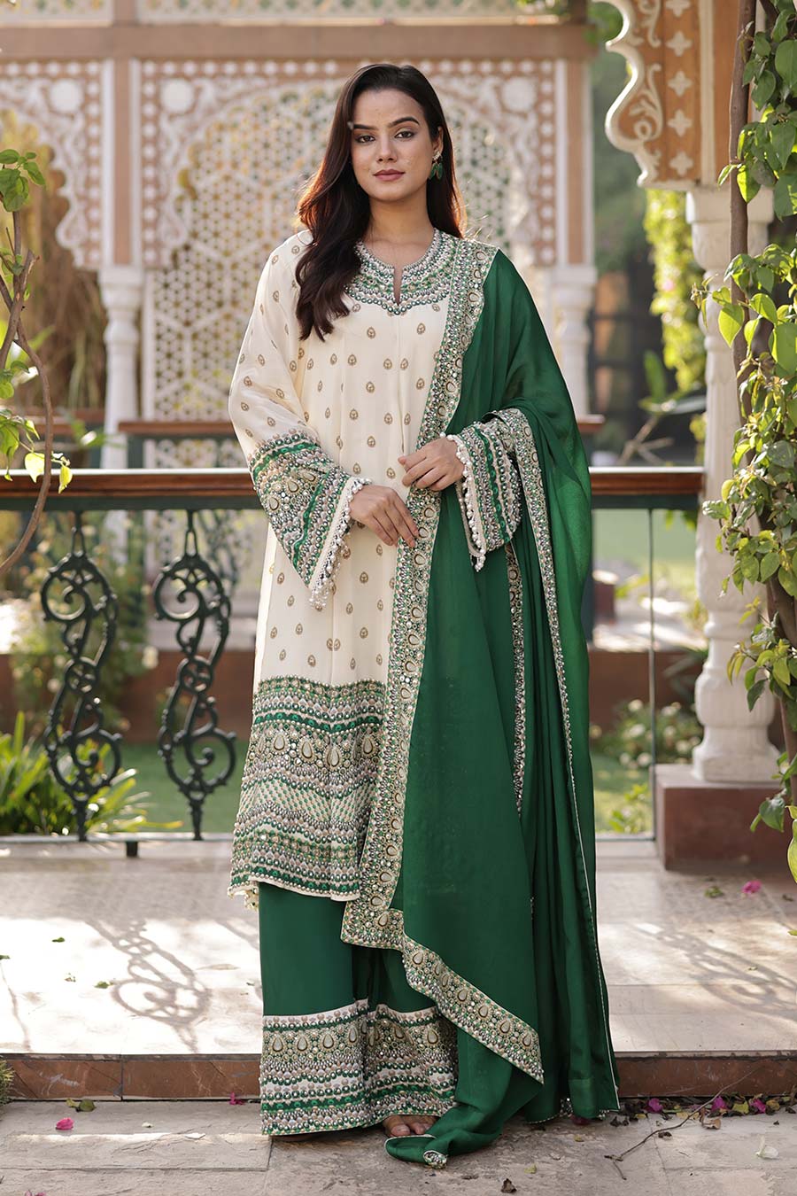 Ivory-Emerald Printed Anarkali Set With Dupatta