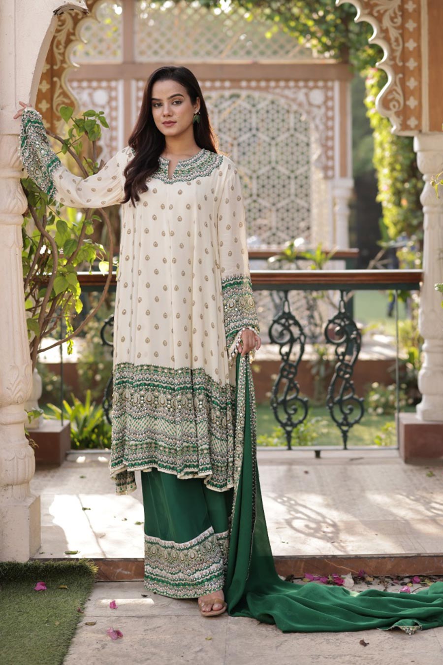Ivory-Emerald Printed Anarkali Set With Dupatta
