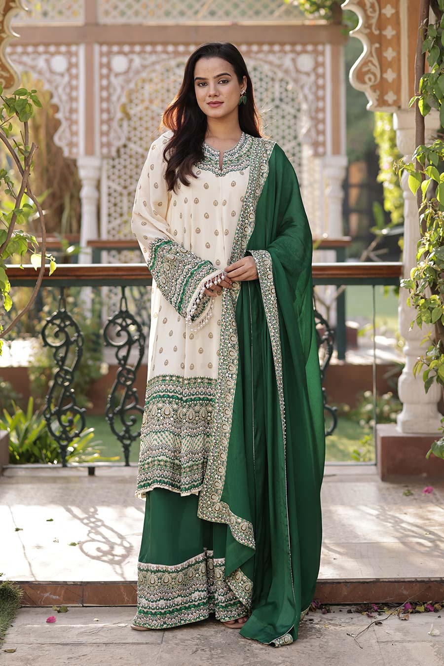 Ivory-Emerald Printed Anarkali Set With Dupatta