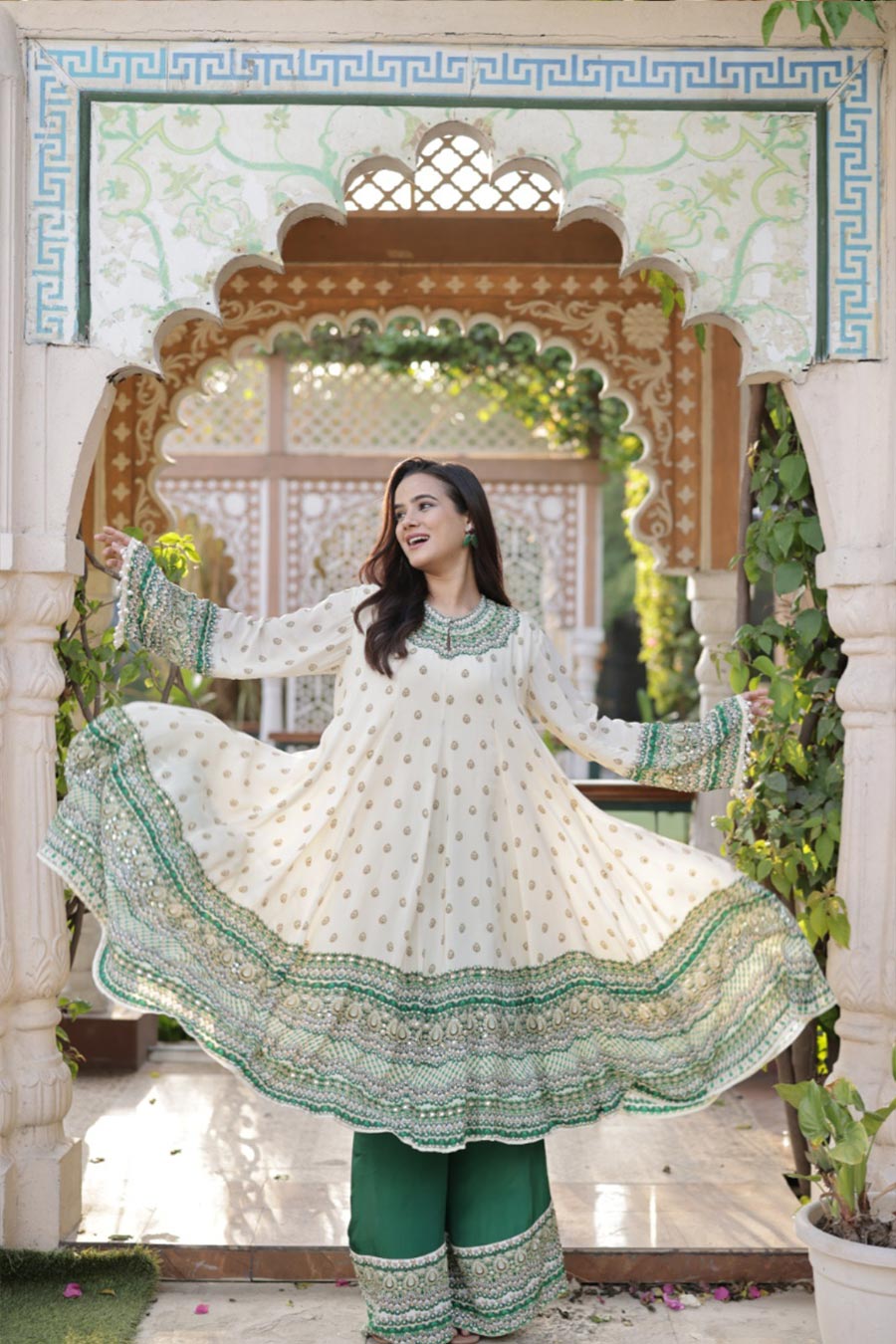 Ivory-Emerald Printed Anarkali Set With Dupatta