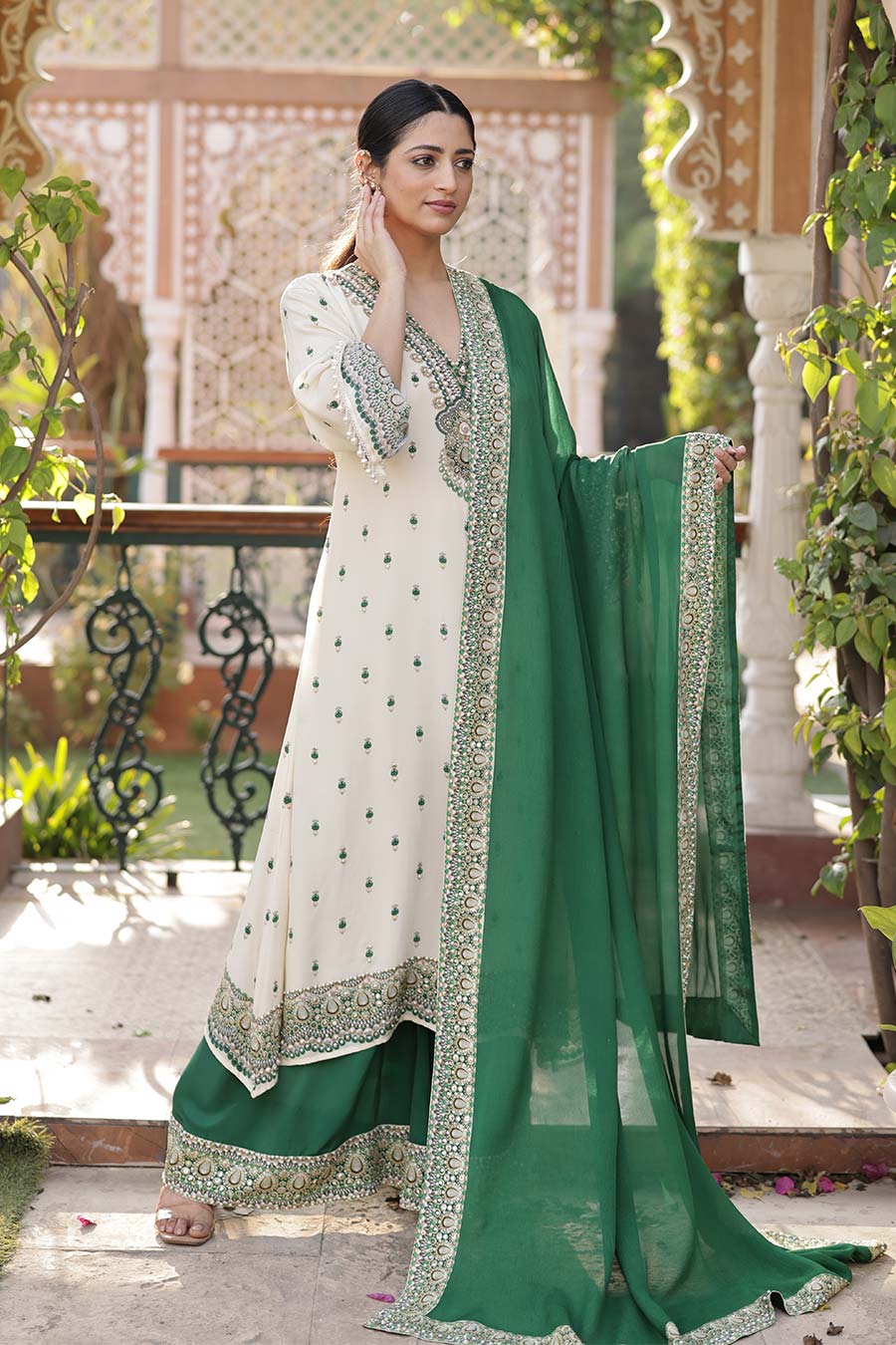 Ivory-Emerald Printed Kurta Set With Dupatta