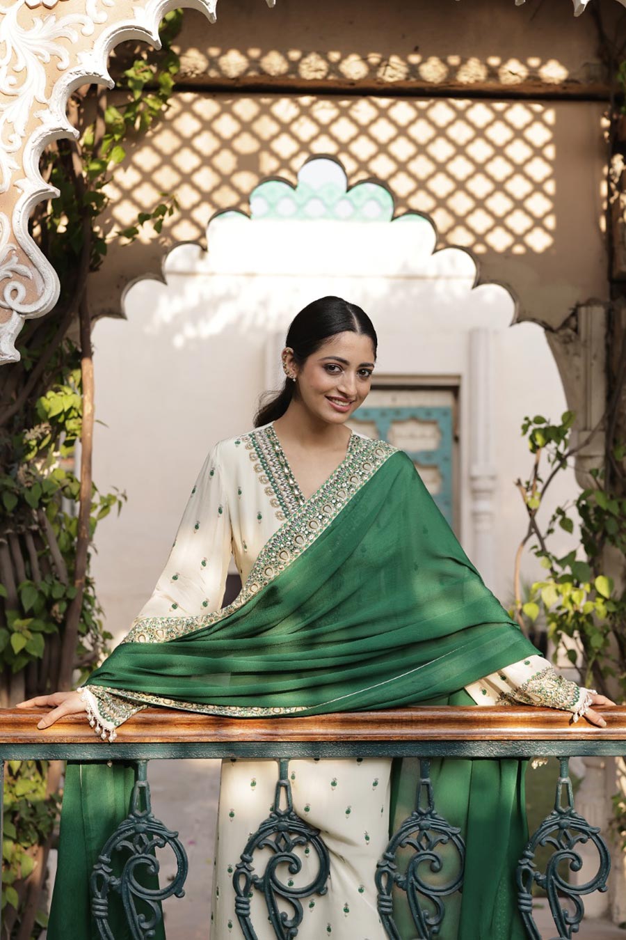Ivory-Emerald Printed Kurta Set With Dupatta