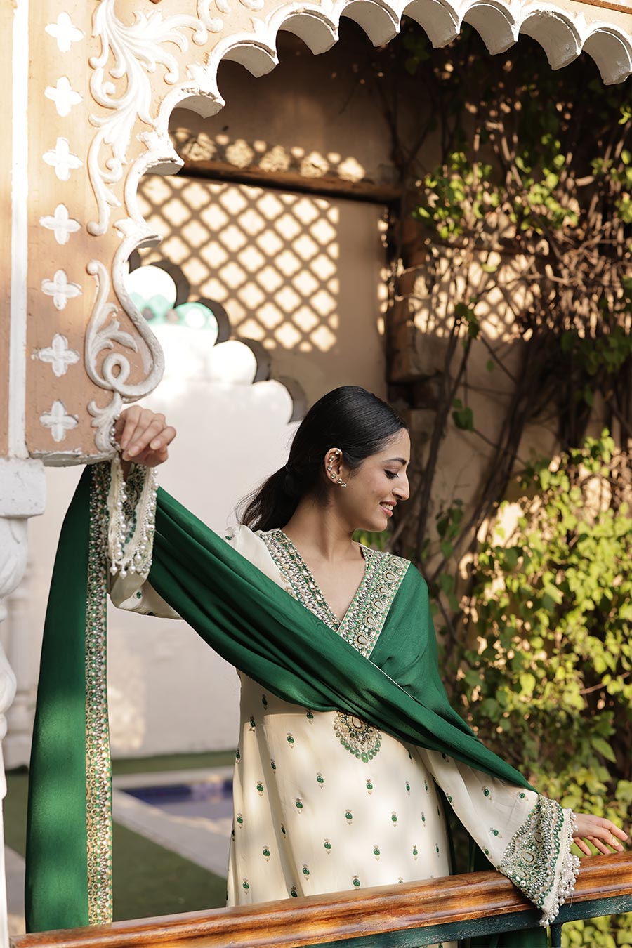 Ivory-Emerald Printed Kurta Set With Dupatta