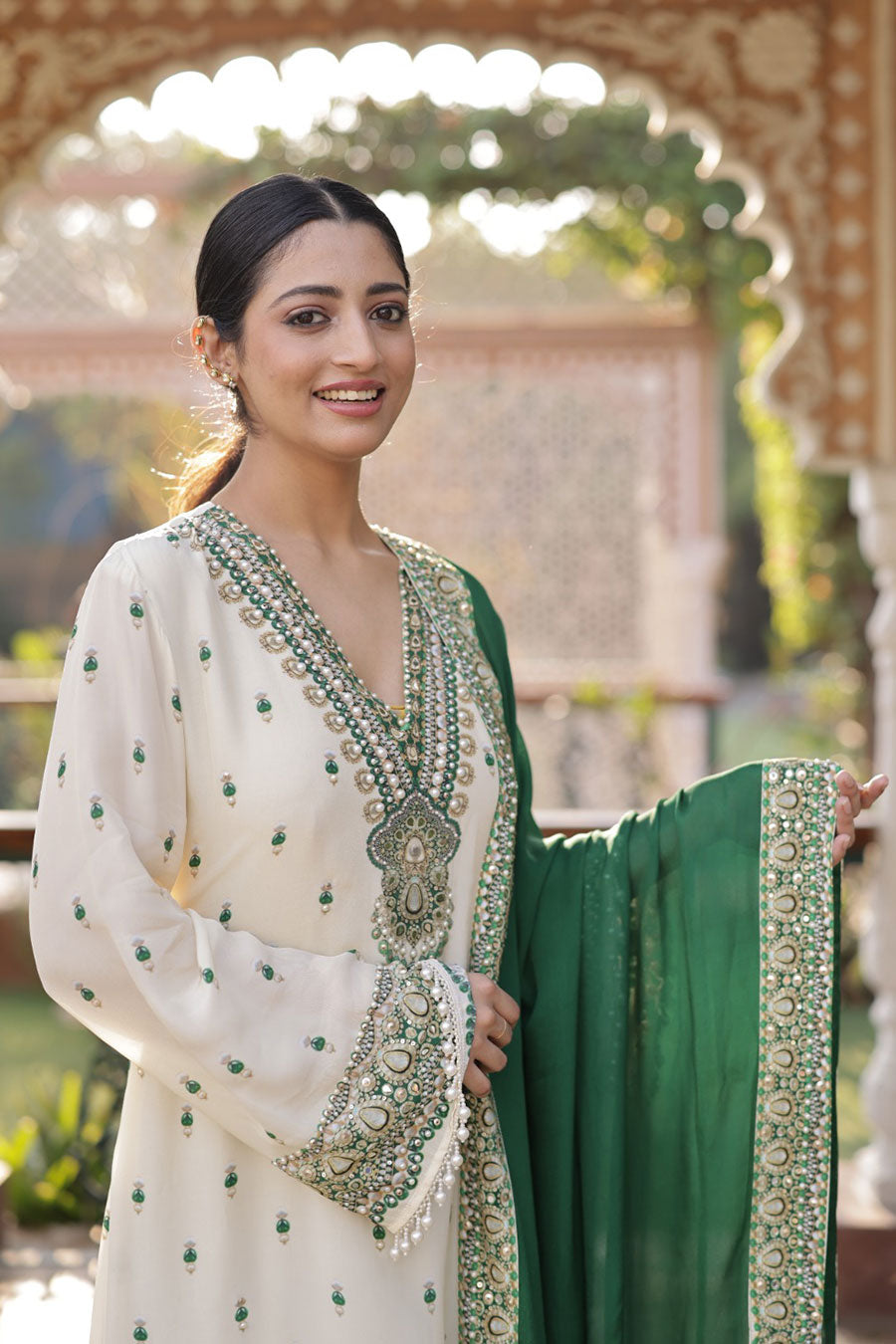 Ivory-Emerald Printed Kurta Set With Dupatta