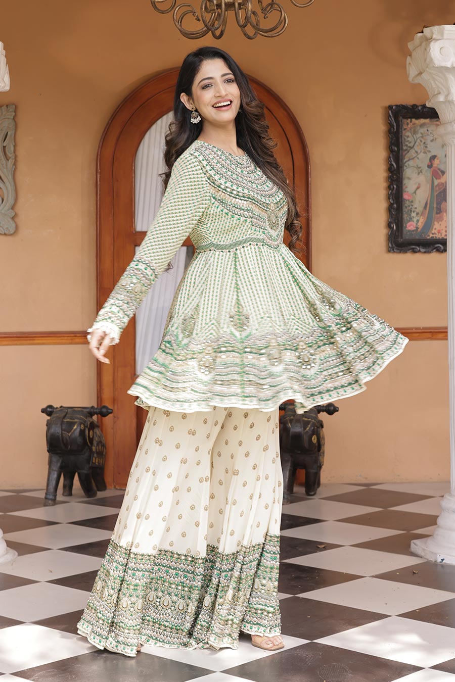 Ivory Printed 2Pc Peplum Kurta & Sharara Set