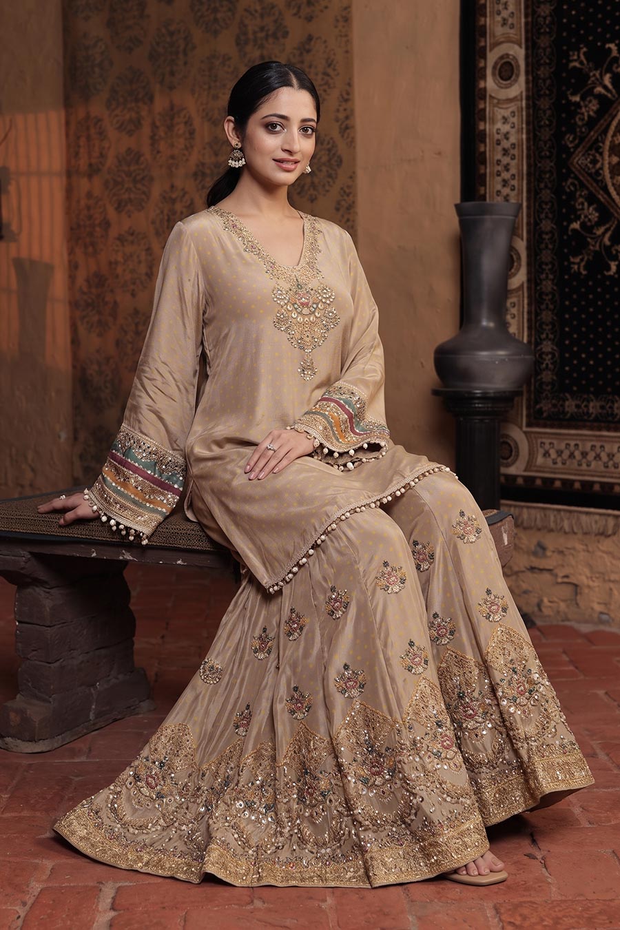 Golden Beige Embellished Kurta & Sharara Set