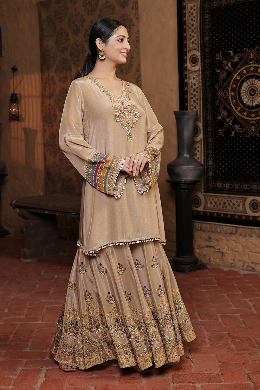 Golden Beige Embellished Kurta & Sharara Set