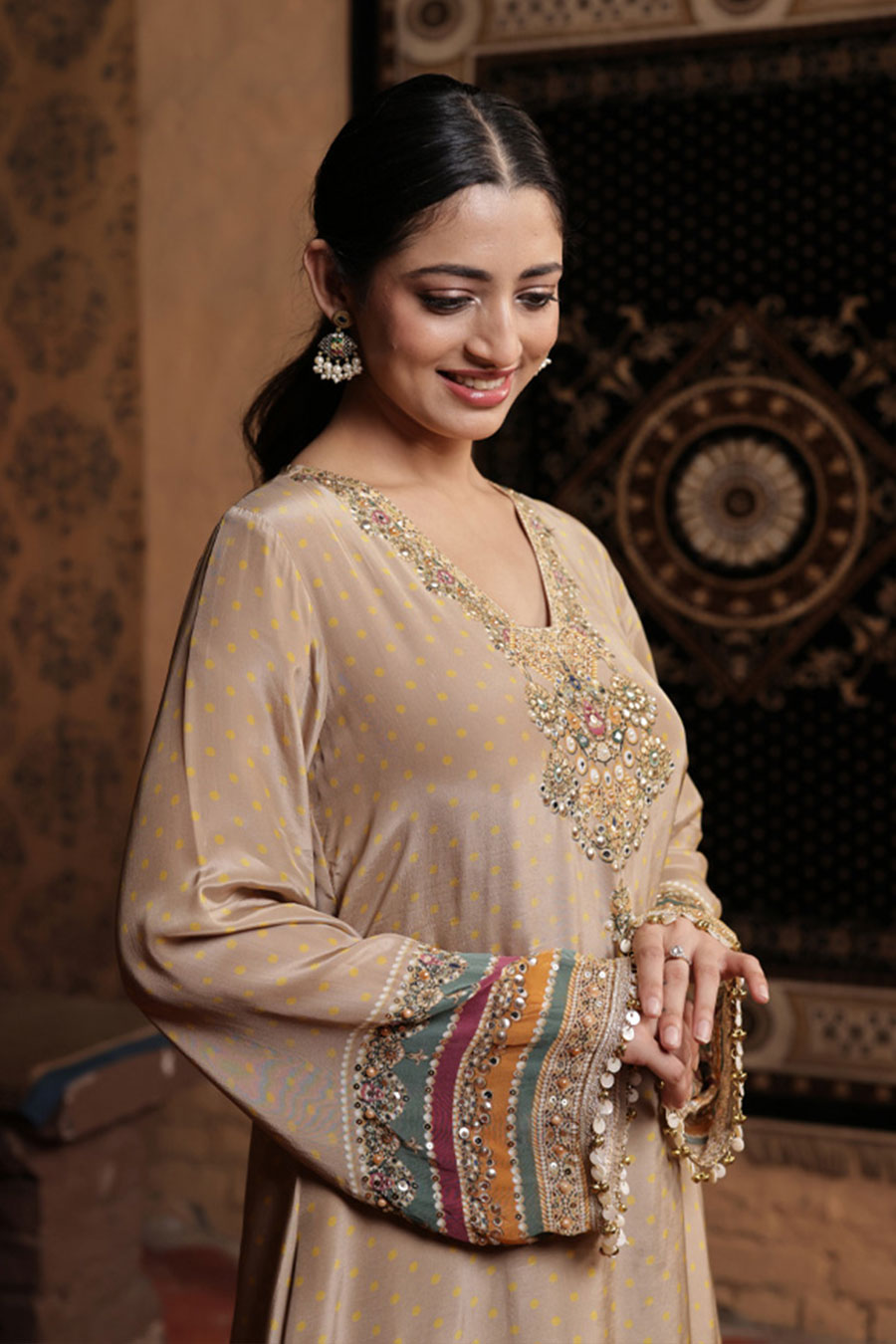 Golden Beige Embellished Kurta & Sharara Set