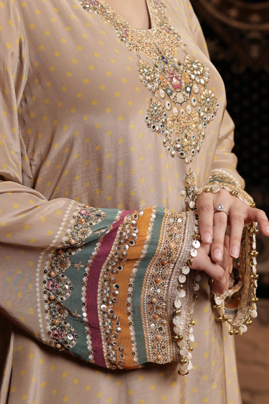 Golden Beige Embellished Kurta & Sharara Set