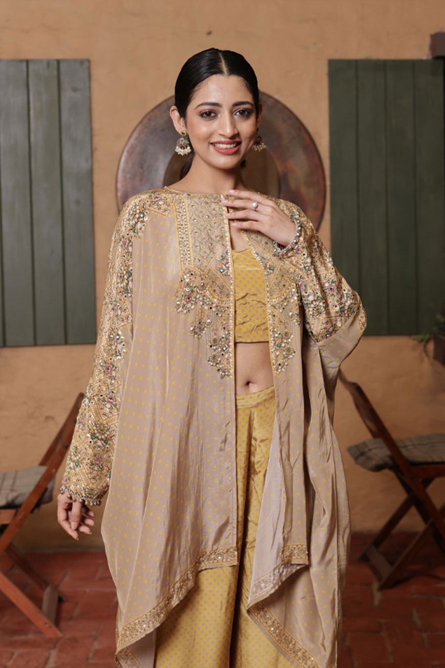 Gold-Mustard Embellished Co-Ord Set With Cape