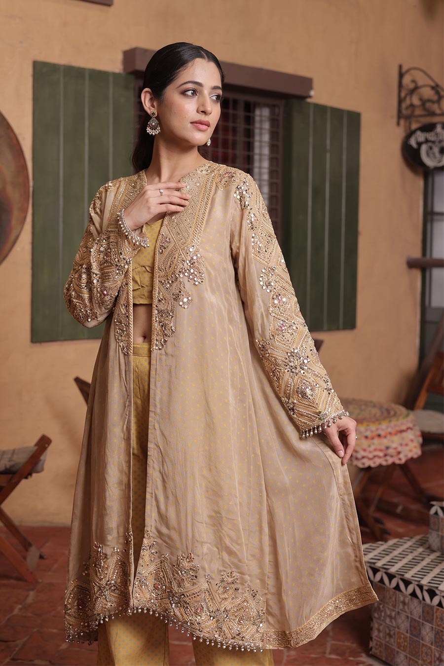 Gold-Mustard Embellished Co-Ord Set With Cape