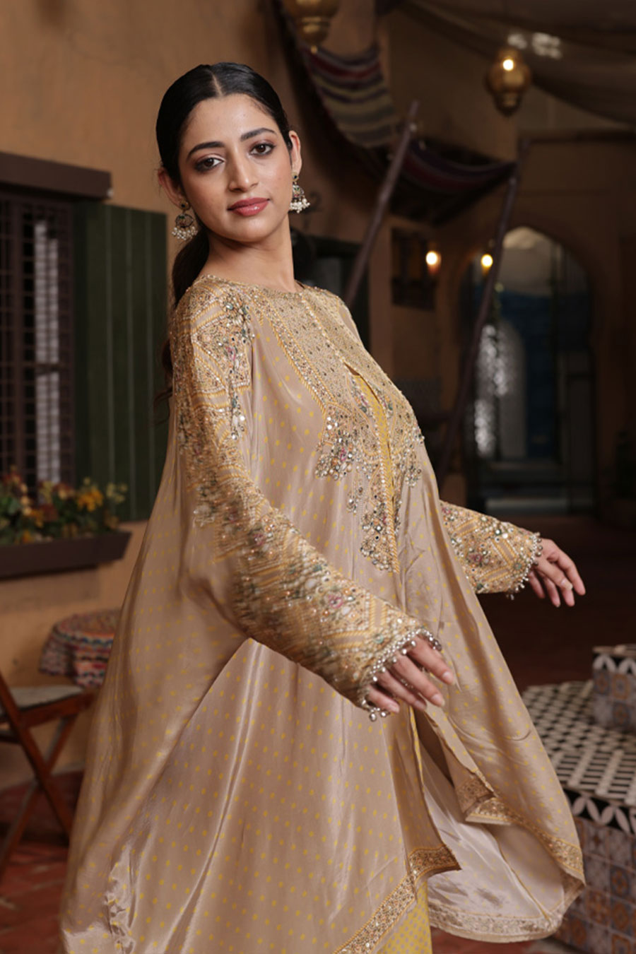 Gold-Mustard Embellished Co-Ord Set With Cape