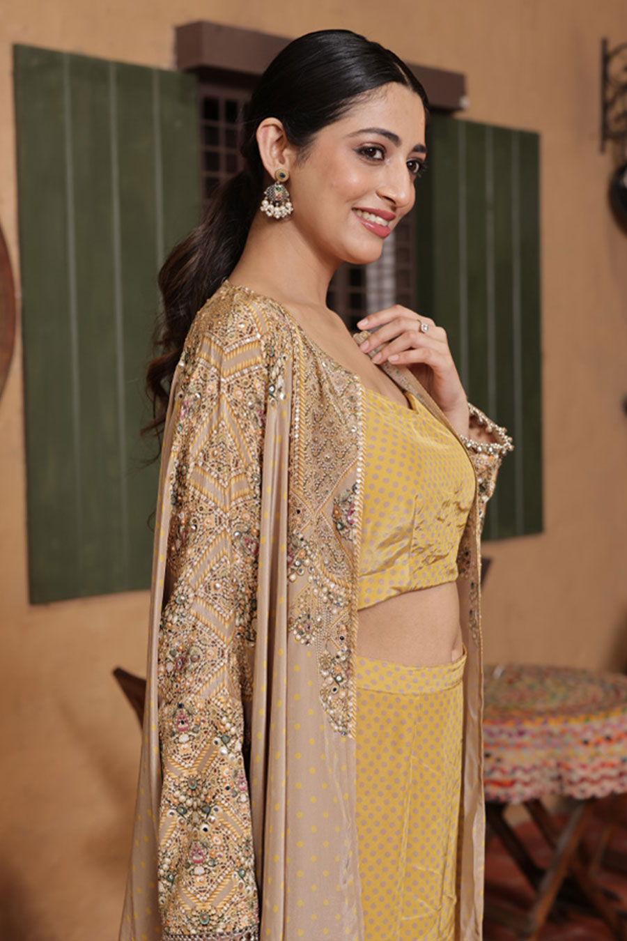 Gold-Mustard Embellished Co-Ord Set With Cape