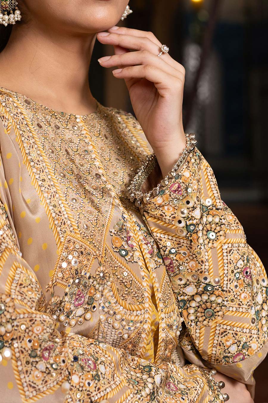 Gold-Mustard Embellished Co-Ord Set With Cape