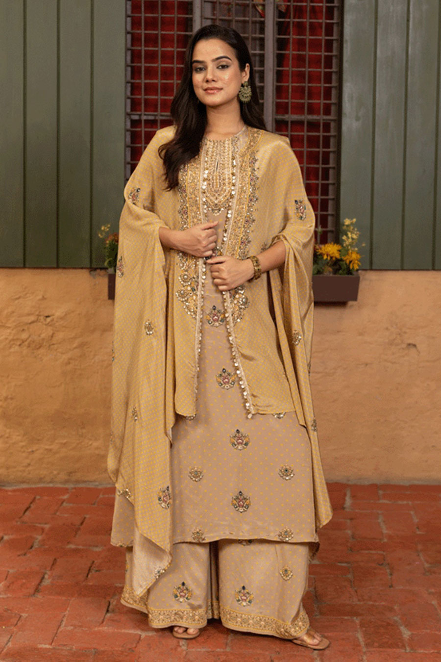 Gold-Mustard Embellished Tunic Set With Cape