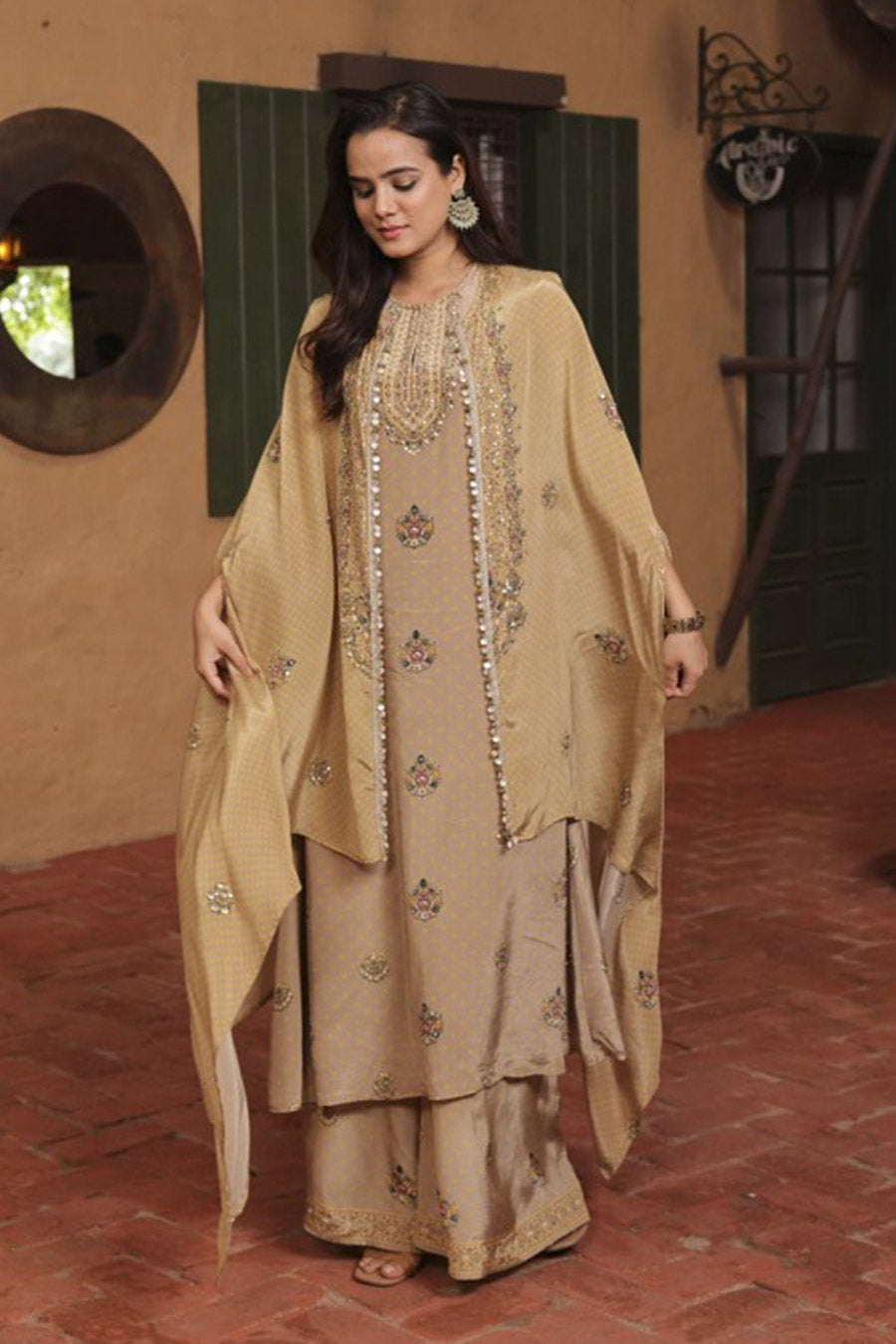 Gold-Mustard Embellished Tunic Set With Cape