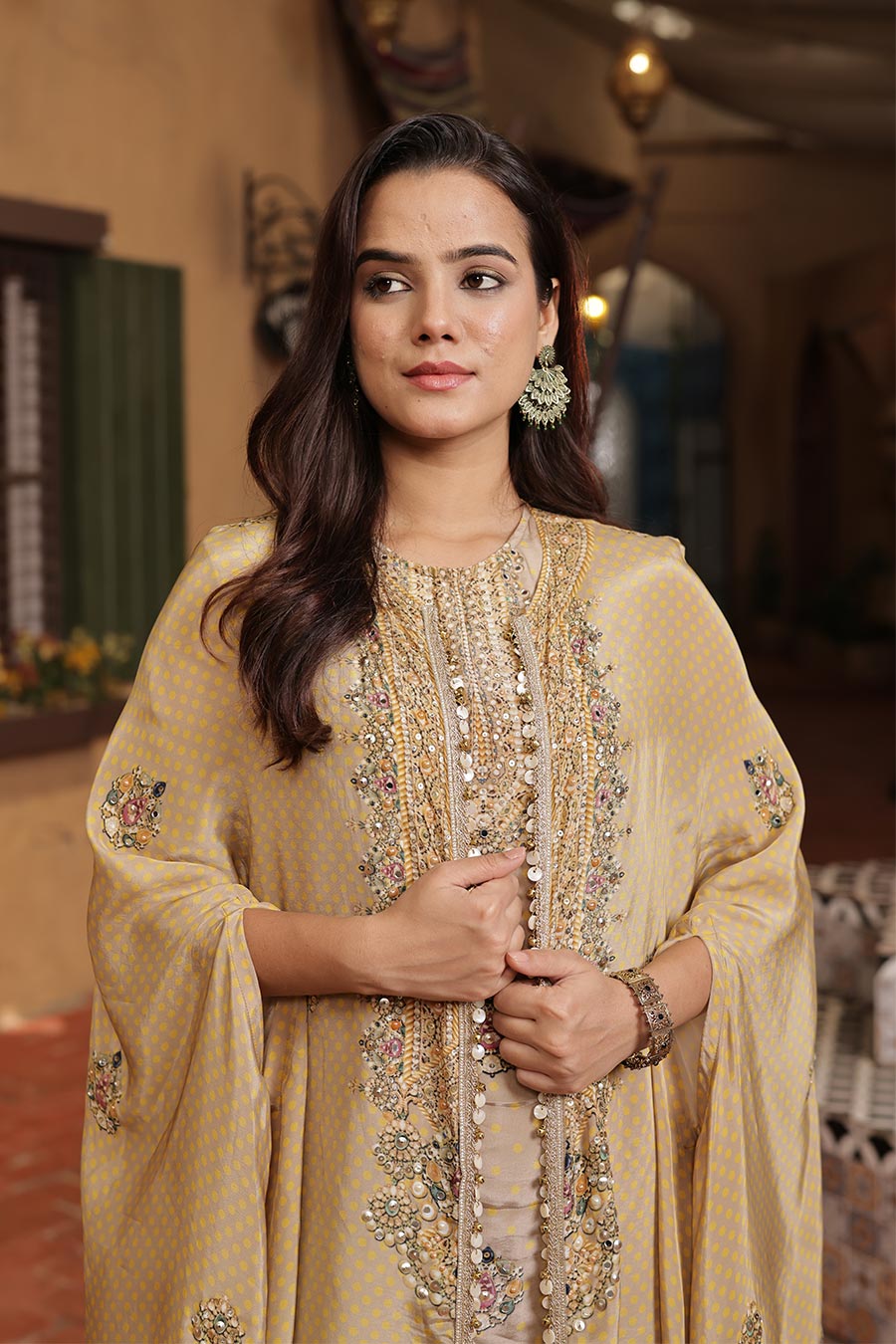 Gold-Mustard Embellished Tunic Set With Cape
