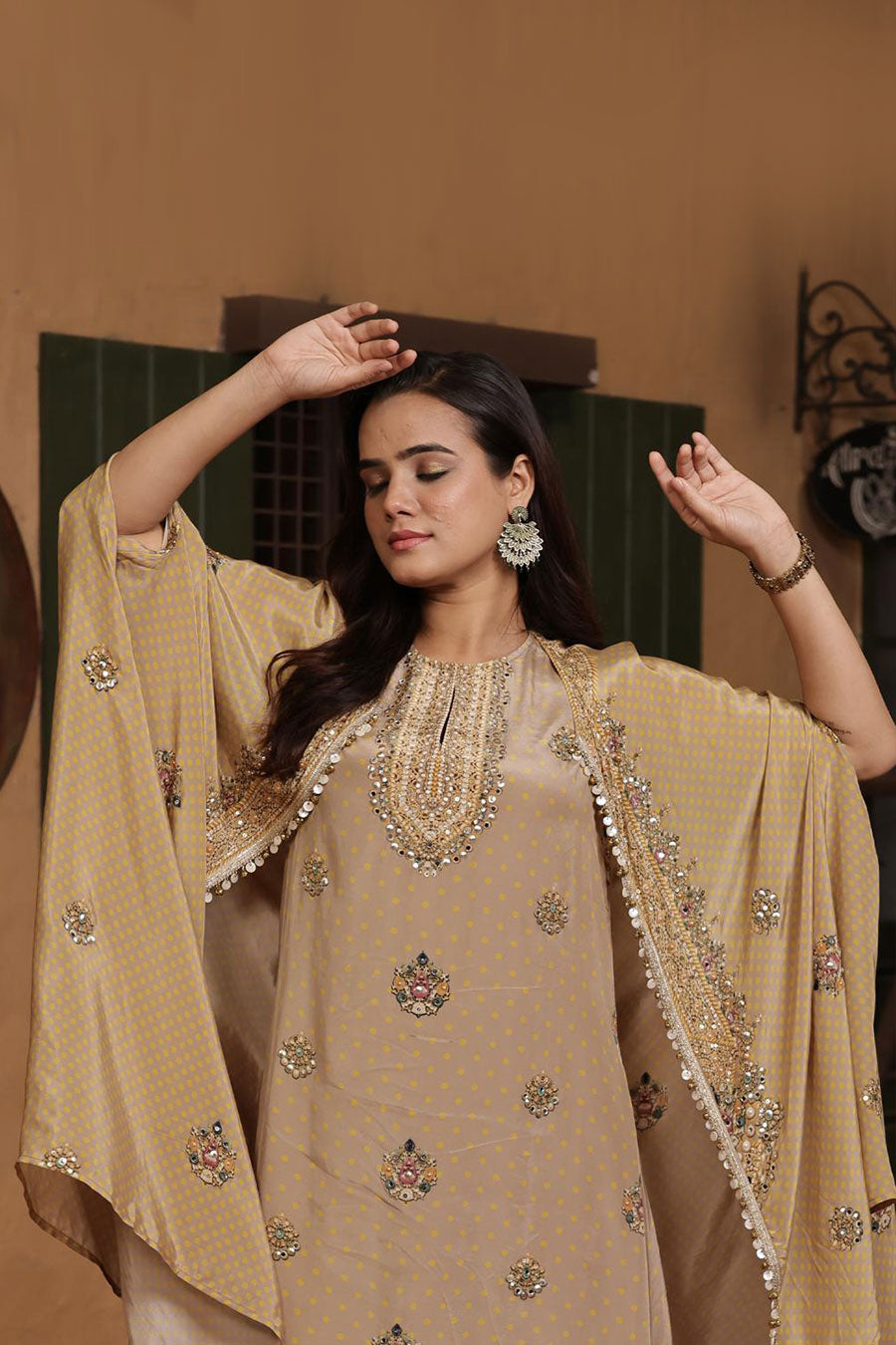 Gold-Mustard Embellished Tunic Set With Cape