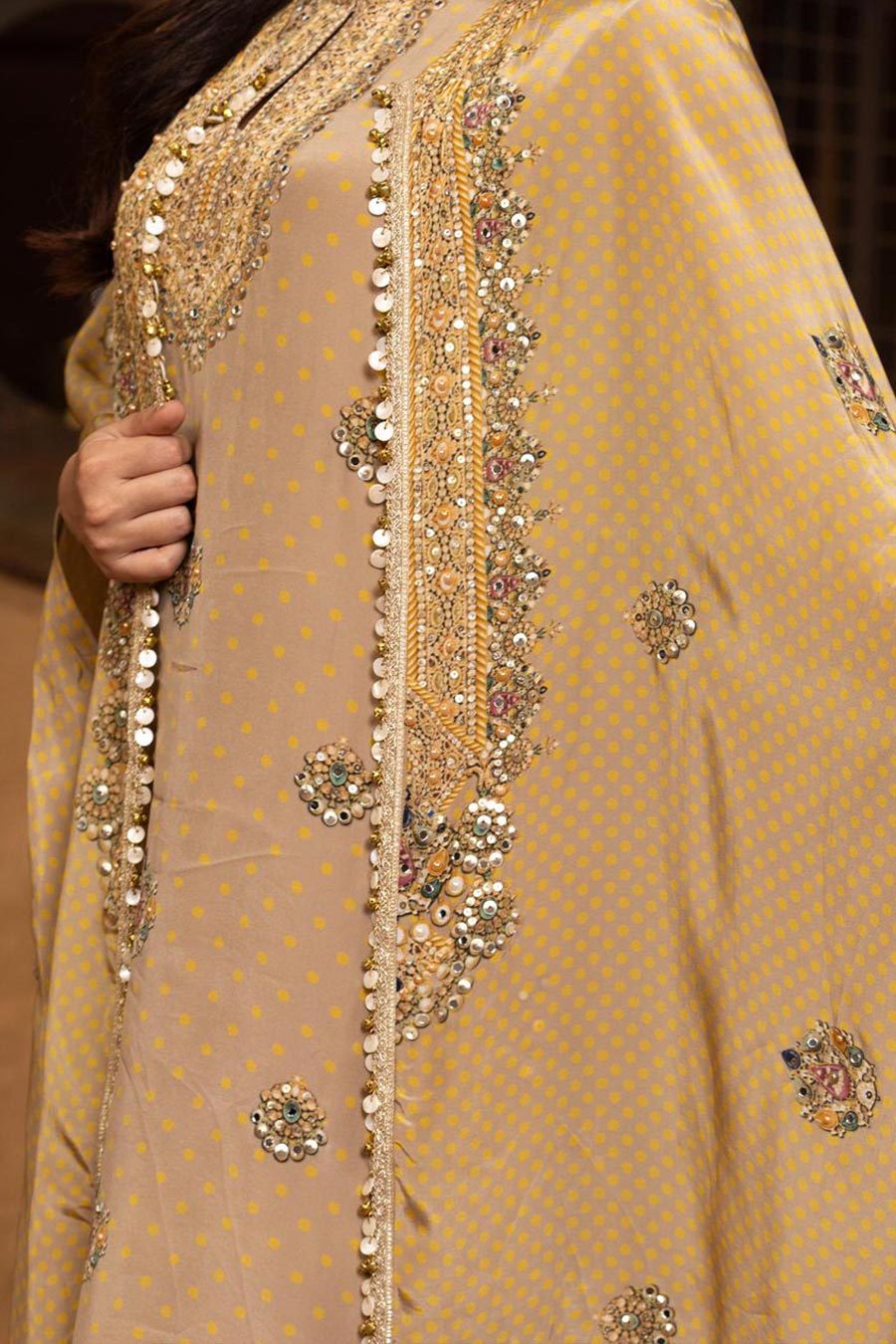Gold-Mustard Embellished Tunic Set With Cape