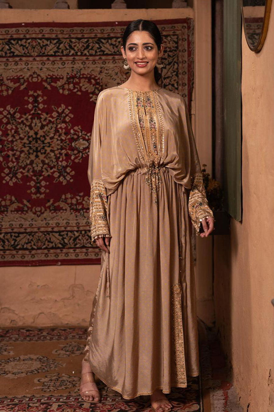 Golden Beige Embellished Kaftan Dress