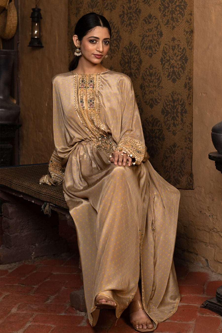 Golden Beige Embellished Kaftan Dress