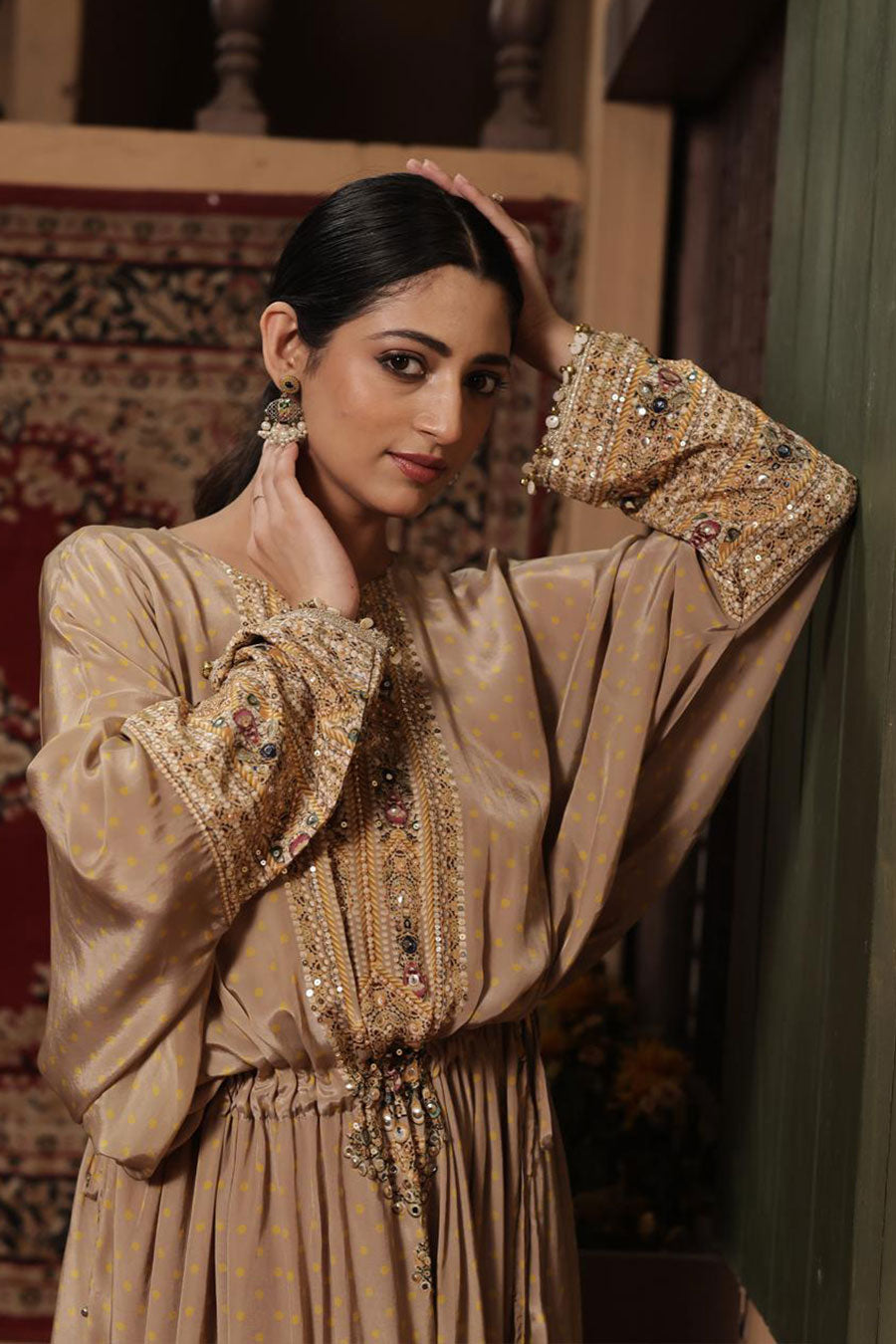Golden Beige Embellished Kaftan Dress
