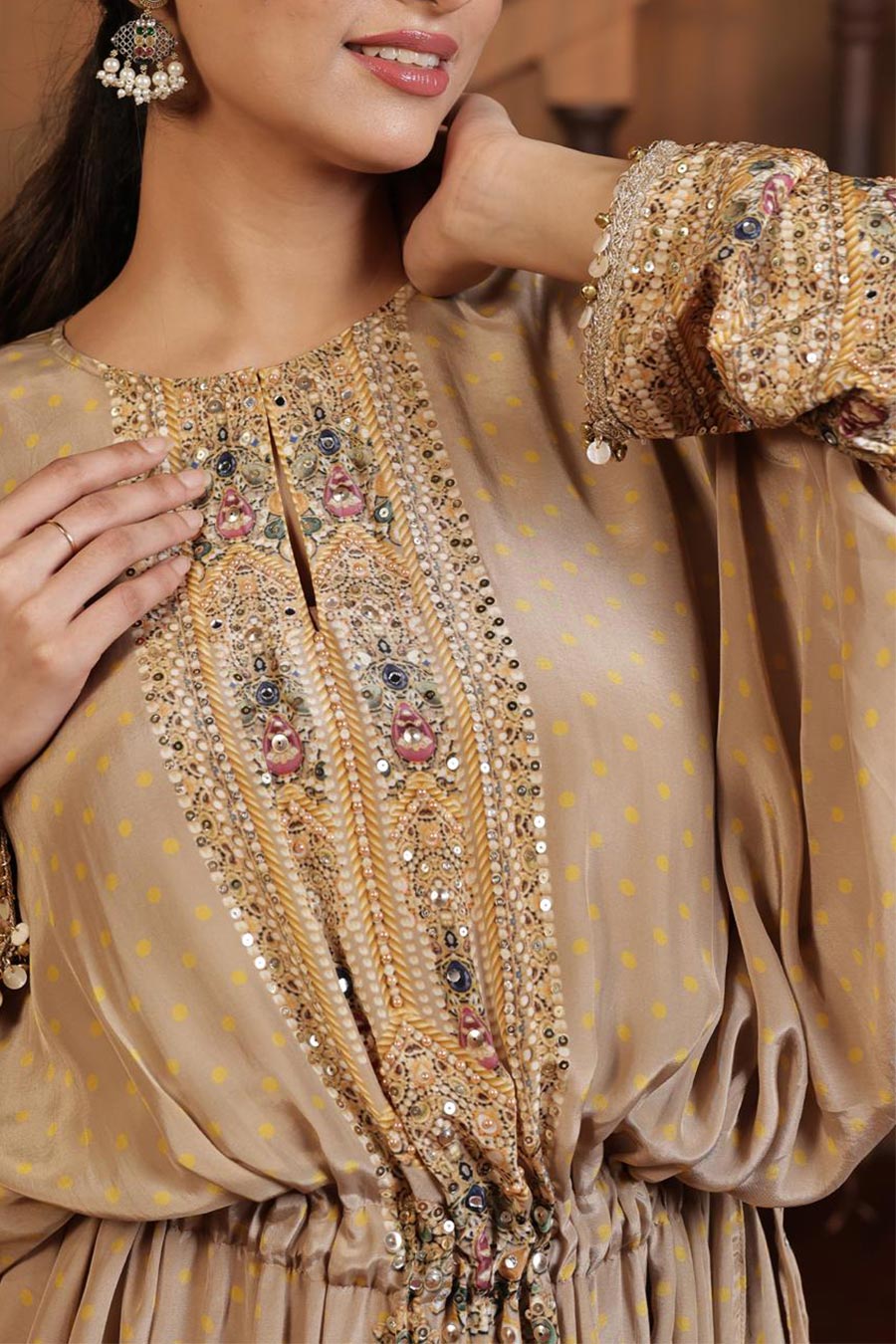 Golden Beige Embellished Kaftan Dress