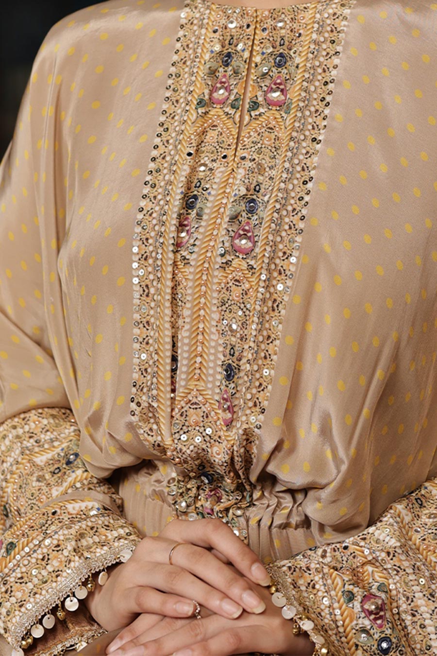 Golden Beige Embellished Kaftan Dress